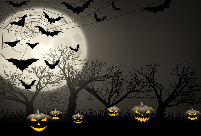 Grey Halloween Black Pumpkins Bats Moon Backdrop