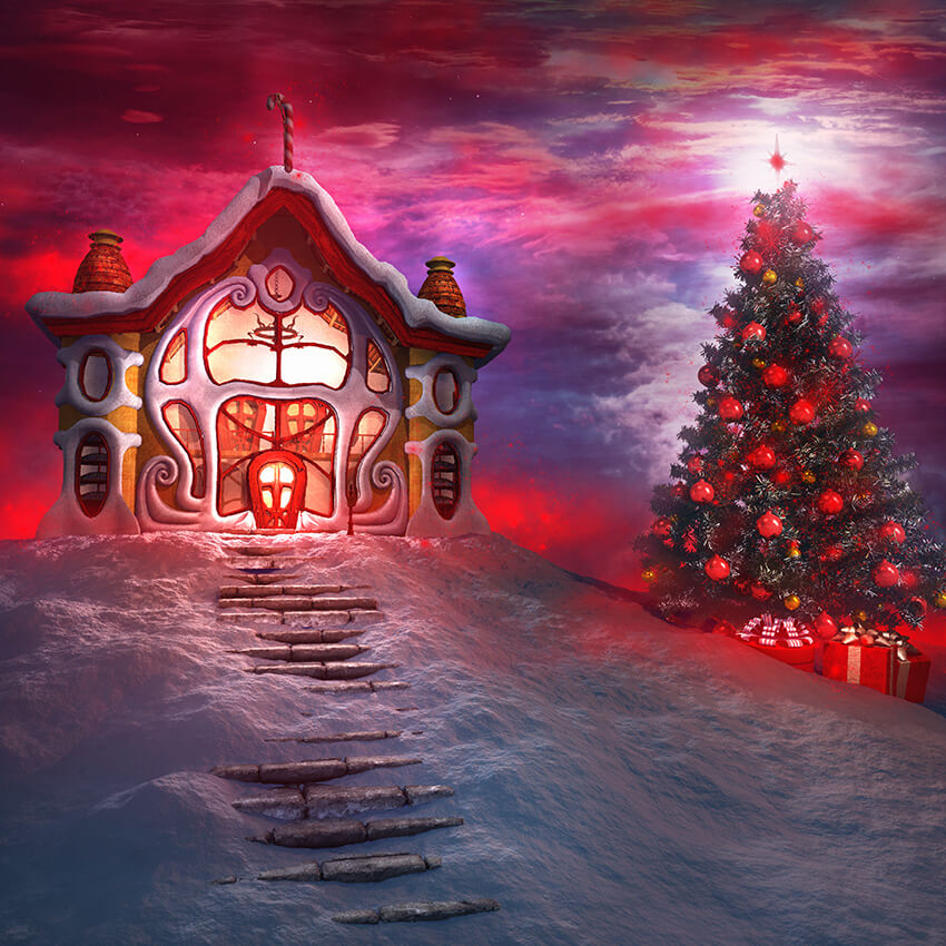 Gingerbread House Pink Clouds Christmas Backdrop