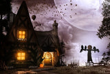Halloween Night scene Scarecrow Pumpkin Small Cottage Backdrop