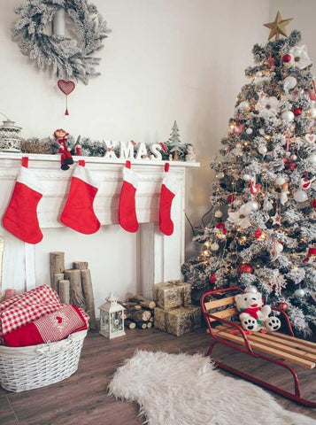 White Fireplace Christmas Tree Sock Decoration Backdrop For Phoot Shoot KAT-92