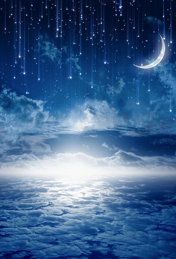 White Moon Clouds Twinkle Stars Night Sky Photography Backdrop
