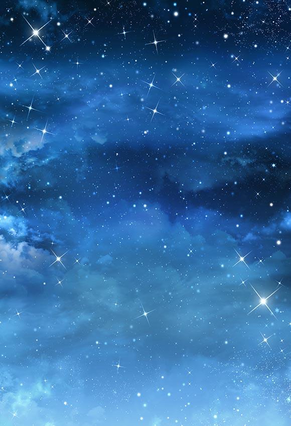Blue Night Sky White Clouds Sparkle Stars Photography Backdrop