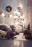 Christmas Wooden Tree Lightning Bulbs Garland Bear Doll Backdrop