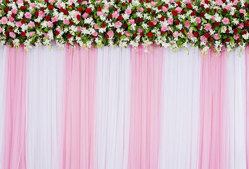 Pink White Curatin With Flowers Backdrop for Party Decor LV-645
