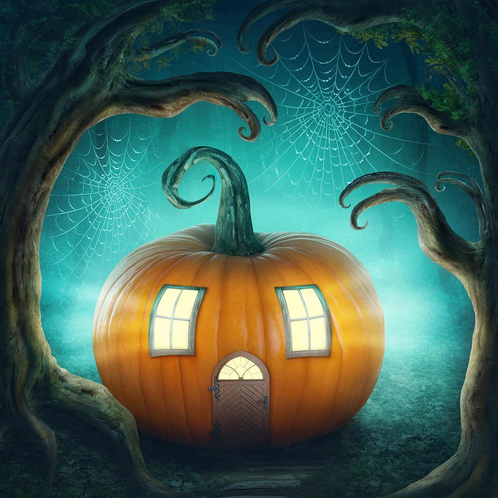 Festival Backdrops Halloween Mysterious Shiny Pumpkin House IBD-19058