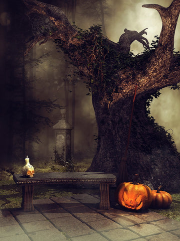Toile de fond d'Halloween vieil arbre mauvais citrouille lanternes DBD-H19071
