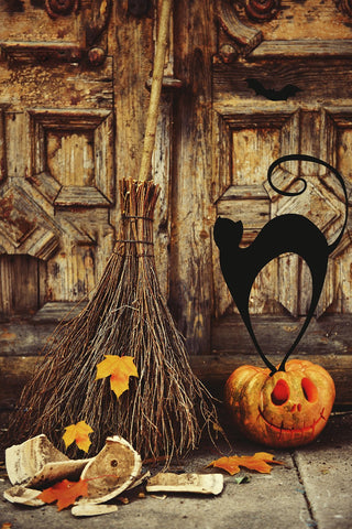 Halloween balai citrouille vieille porte en bois pour la photographieDBD-P19075